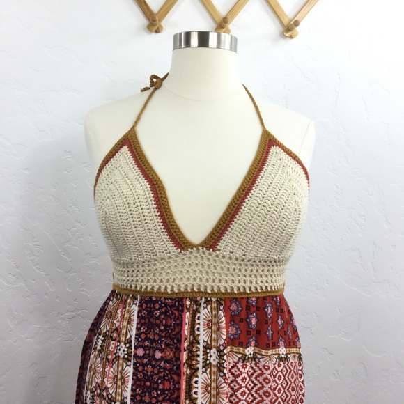 Boho Patchwork Crochet Halter Top Tie Maxi Dress - Picture 9 of 11